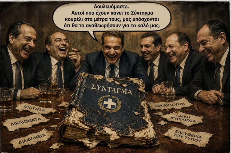 Δουλευόμαστε ε; Αυτοί που έχουν κάνει το Σύνταγμα κουρέλι στα μέτρα τους, μας υπόσχονται ότι θα το αναθεωρήσουν για το καλό μας.