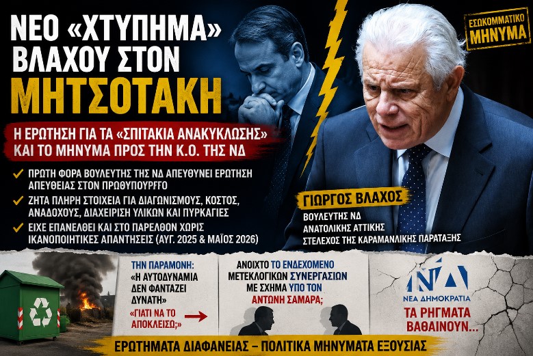 Νέο «χτύπημα» Βλάχου στον Μητσοτάκη: Η ερώτηση για τα «σπιτάκια ανακύκλωσης» και το μήνυμα προς την Κοινοβουλευτική Ομάδα